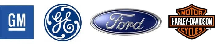 GM, GE, Ford, and Harley-Davidson logos side by side