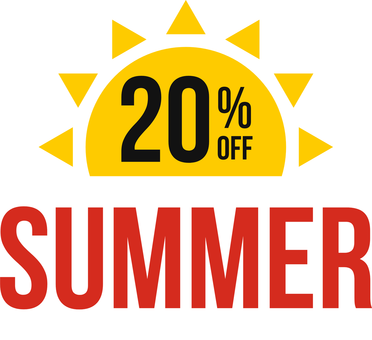 A promotional graphic with a yellow sun with the text '20% OFF' in black and 'SUMMER' in red.