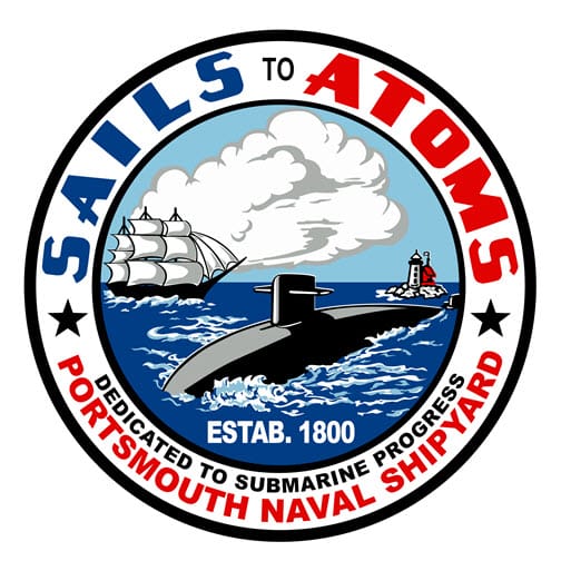 Logo of Portsmouth Naval Shipyard with a ship, submarine, and lighthouse