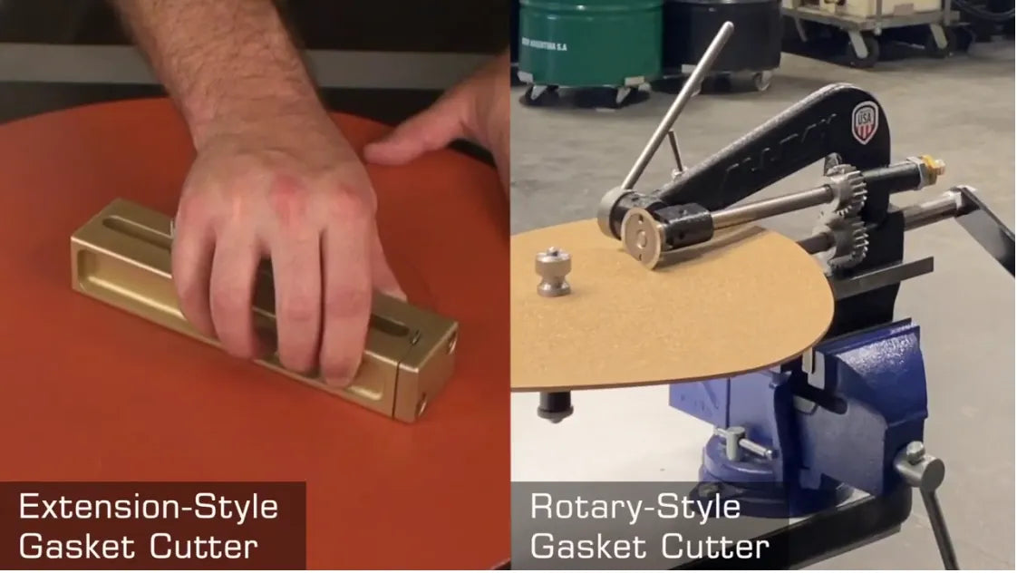 Comparison of extension-style and rotary-style gasket cutters in action.